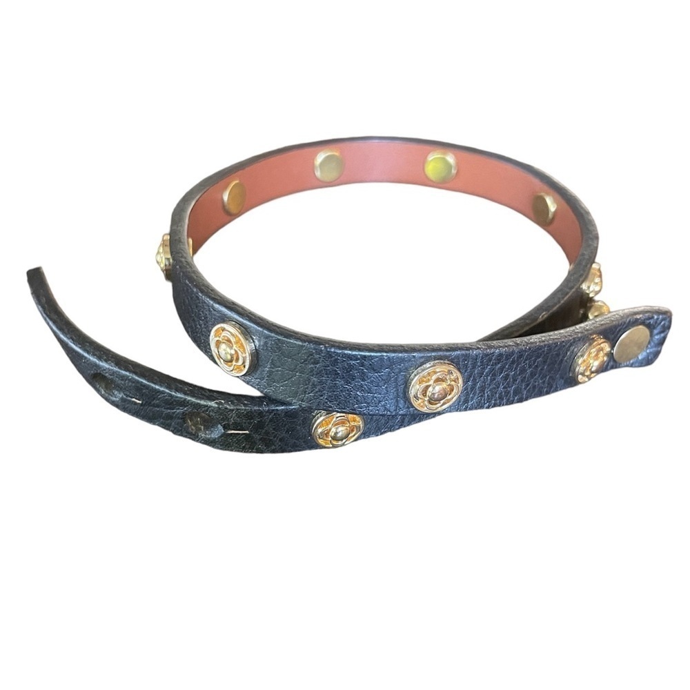 Stella & Dot women’s black leather wrap bracelet with gold logos on band